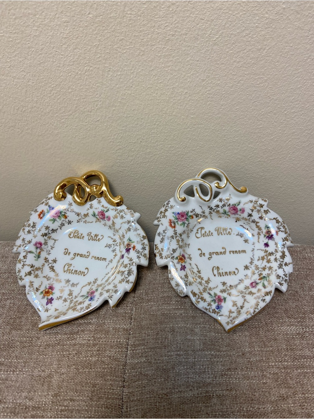Limoges France Porcelain Leaf Trinket Dishes with Gold Trim